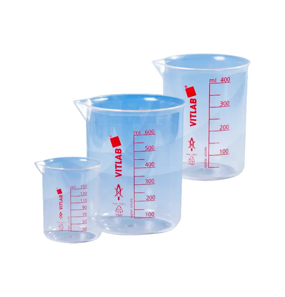 Beaker, PMP, Red Scale, 87 mm Diameter, 112 mm Height, 50 ml Subdivision, 400 ml Volume