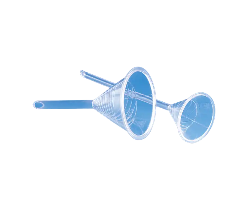 Funnel, PMP, Analytical Purposes, Helicoid Ribs, 60° Angled Body, 3 mm Stem Diameter, 150 mm Stem Length, 51 mm Diameter, 195 mm Length, 30 ml Volume