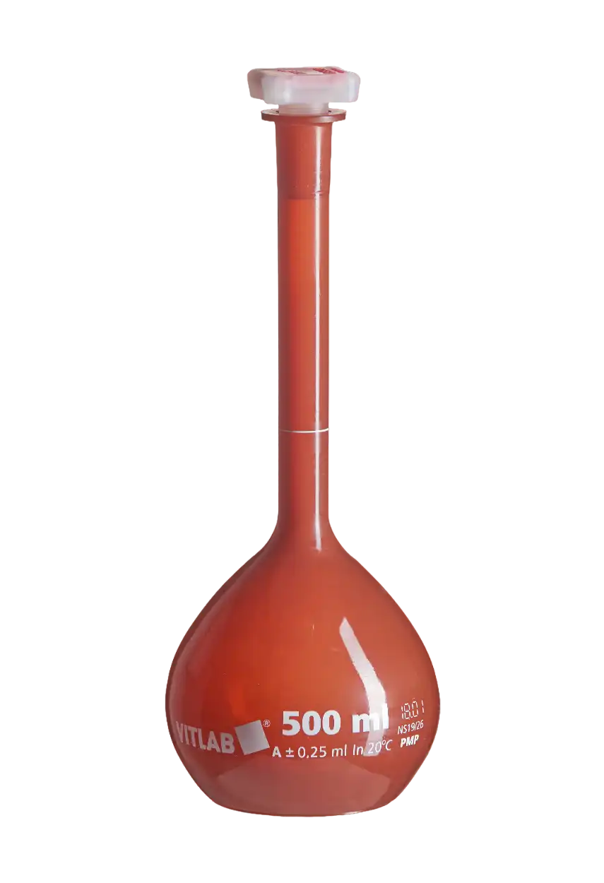 Volumetric Flask, PMP, Standard, Amber, Class A, with P.P Conical Stopper, With Printed Lot Number and Batch Certificate, uV-Protect, White Scale, NS 24/29 Joint Neck, 310 mm Height, 1000 ml Volume