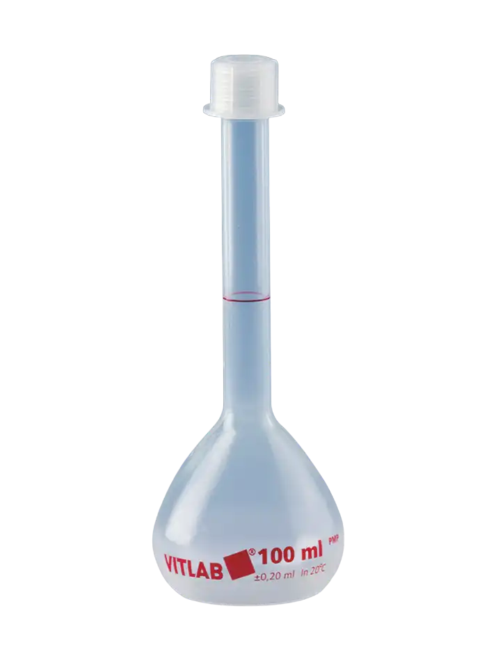 Volumetric Flask, PMP, Standard, Clear, Class B, with P.P Screw Cap, Red Scale, GL 18 Neck, 115 mm Height, 25 ml Volume
