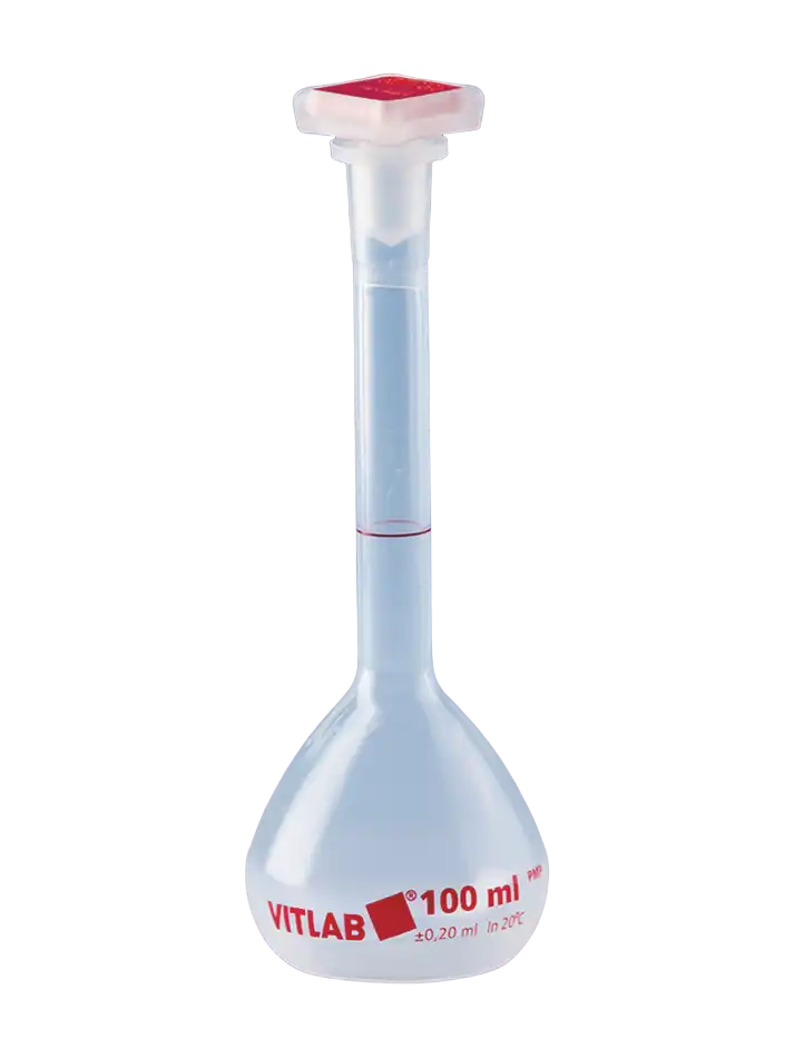 Balon Joje, PMP, Standart, Şeffaf, B Kalite, P.P Konik Tıpalı, Kırmızı Skala, NS 12/21 Şilifli Boyunlu, 150 mm Yükseklik, 50 ml Hacim