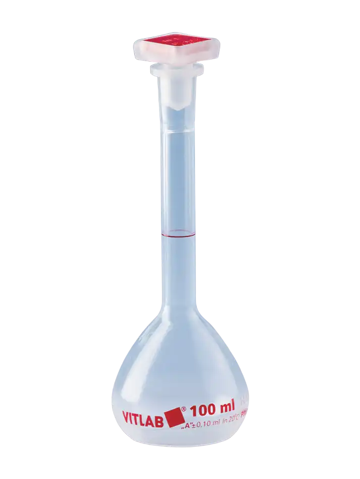 Volumetric Flask, PMP, Standard, Clear, Class A, with P.P Conical Stopper, With Printed Lot Number and Batch Certificate, Red Scale, NS 14/23 Joint Neck, 180 mm Height, 100 ml Volume