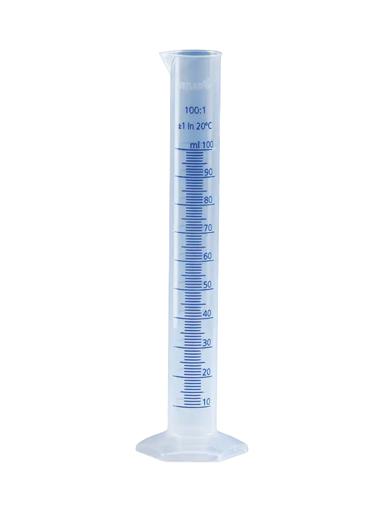 Measuring Cylinder, P.P, Clear, Tall Form, Hexagonal P.P Foot, Class B, Blue Scale, 33 mm Diameter, 250 mm Height, 1 ml Subdivision, 100 ml Volume