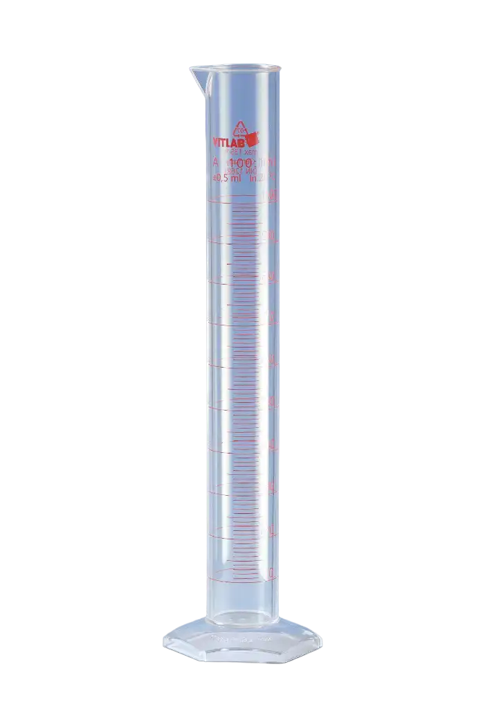 Mezür, PMP, Şeffaf, Uzun Form, Altıgen PMP Tabanlı, A Kalite, Kırmızı Skala, 33 mm Çap, 250 mm Yükseklik, 1 ml Artış, 100 ml Hacim
