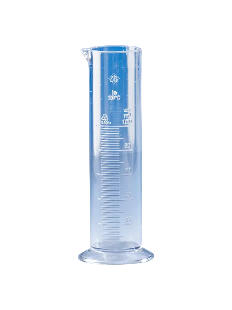 Measuring Cylinder, SAN, Clear, Short Form, Hexagonal SAN Foot, Class B, Embossed Scale, 22 mm Diameter, 122 mm Height, 0,5 ml Subdivision, 25 ml Volume