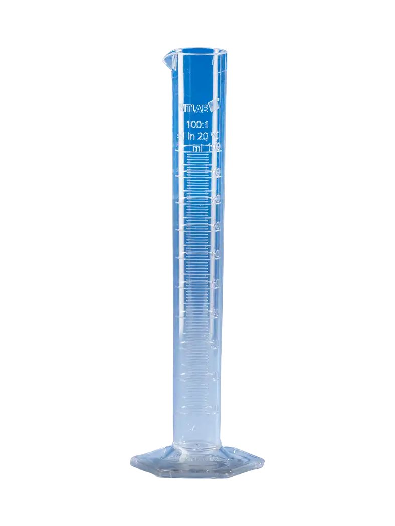 Mezür, SAN, Şeffaf, Uzun Form, Altıgen SAN Tabanlı, B Kalite, Kabartma Skala, 61 mm Çap, 350 mm Yükseklik, 5 ml Artış, 500 ml Hacim