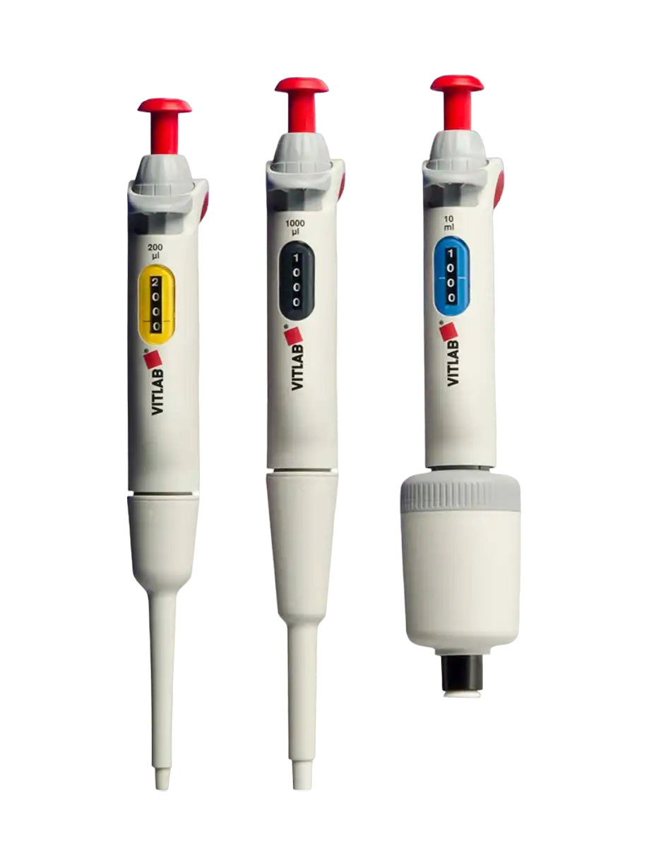 Mikropipet (Otomatik Pipet) Seti, VITLAB® Starter Maxi, Otoklavlanabilir, Tek Kanallı, (100-1.000 µl, 500-5.000 µl, 1.000-10.000 µl) Ayarlanabilir Hacimli (Analog)
