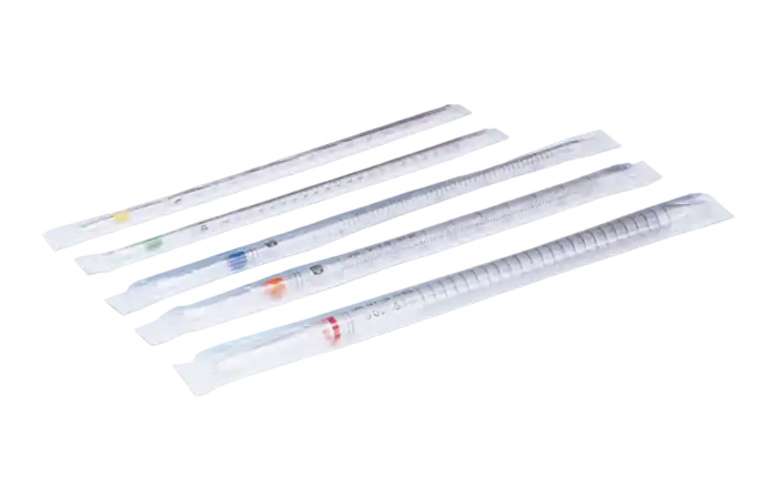 Measuring Pipette, P.S, Graduated, Disposable, Single Pack, Sterile, Black Scale, Red Ring Mark, with Cotton-Wool Filter 25 ml Volume, 0,2 Subdivision