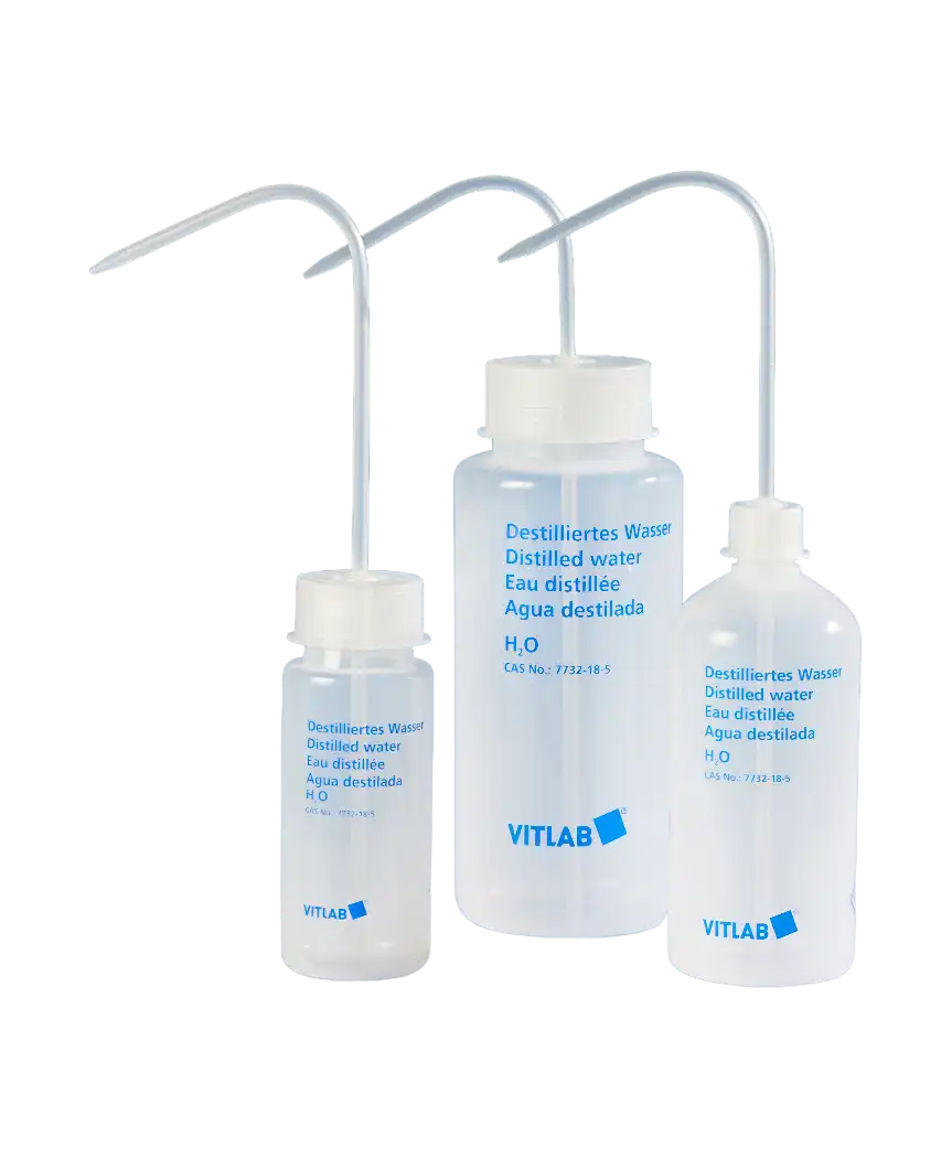 Wash Bottle, PE-LD, GL 45 Neck, Clear Body, P.P White Cap and Tube, 76 mm Diameter, 166 mm Height, Distilled Water Label Printed, 500 ml Volume