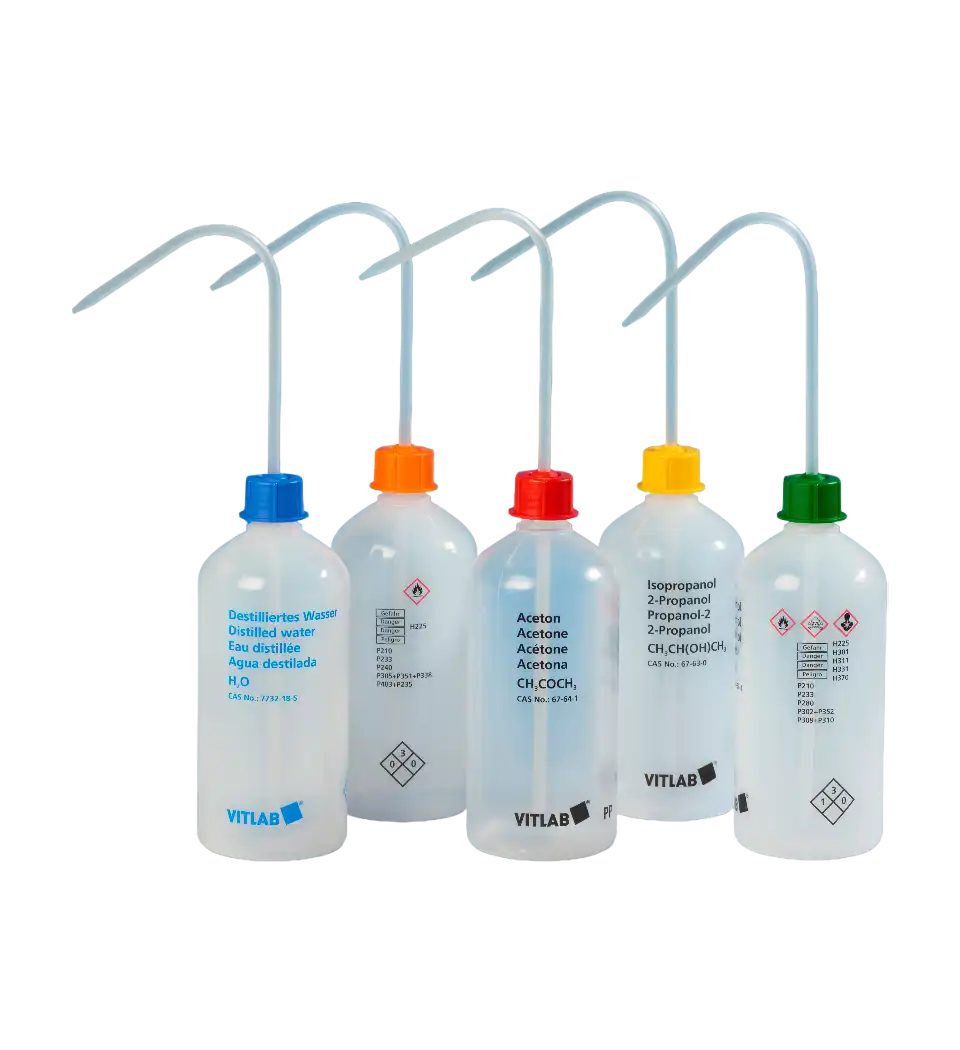 Wash Bottle, PE-LD, GL 25 Neck, Clear Body, P.P Yellow VENT-CAP Cap and P.P White Tube, 65 mm Diameter, 135 mm Height, Iso-propanol Label Printed, 250 ml Volume