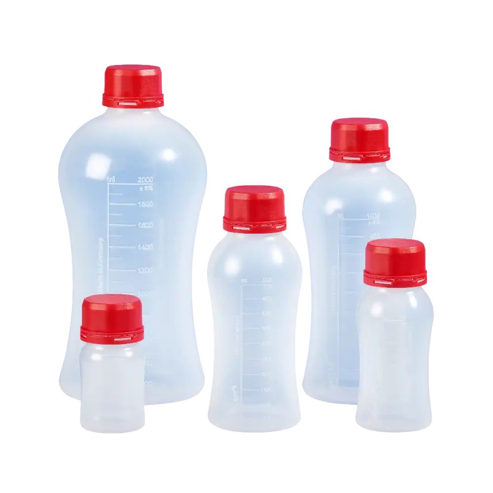 Bottle, P.P, Clear, VITgrip™, Screw Cap with Security Ring, GL 45 Neck, Autoclavable, Embossed Scale, Non-sterile, 126 mm Bottom Diameter, 278 mm Height, 100 ml Subdivision, 2000 ml Volume