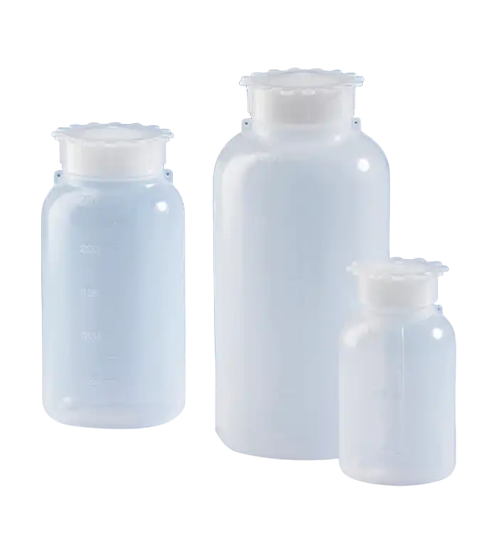 Bottle, PE-LD, Clear, Screw PE-LD Cap with Security Ring, 36 mm Neck, Round Body, Non-Autoclavable, Embossed Scale, Non-sterile, 60 mm Bottom Diameter, 130 mm Height, 250 ml Volume